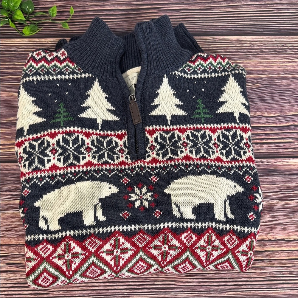 Men's Nordic Pattern 1/4 Zip-Up Sweater‎ - Black, White, and Red 100% cotton NWT